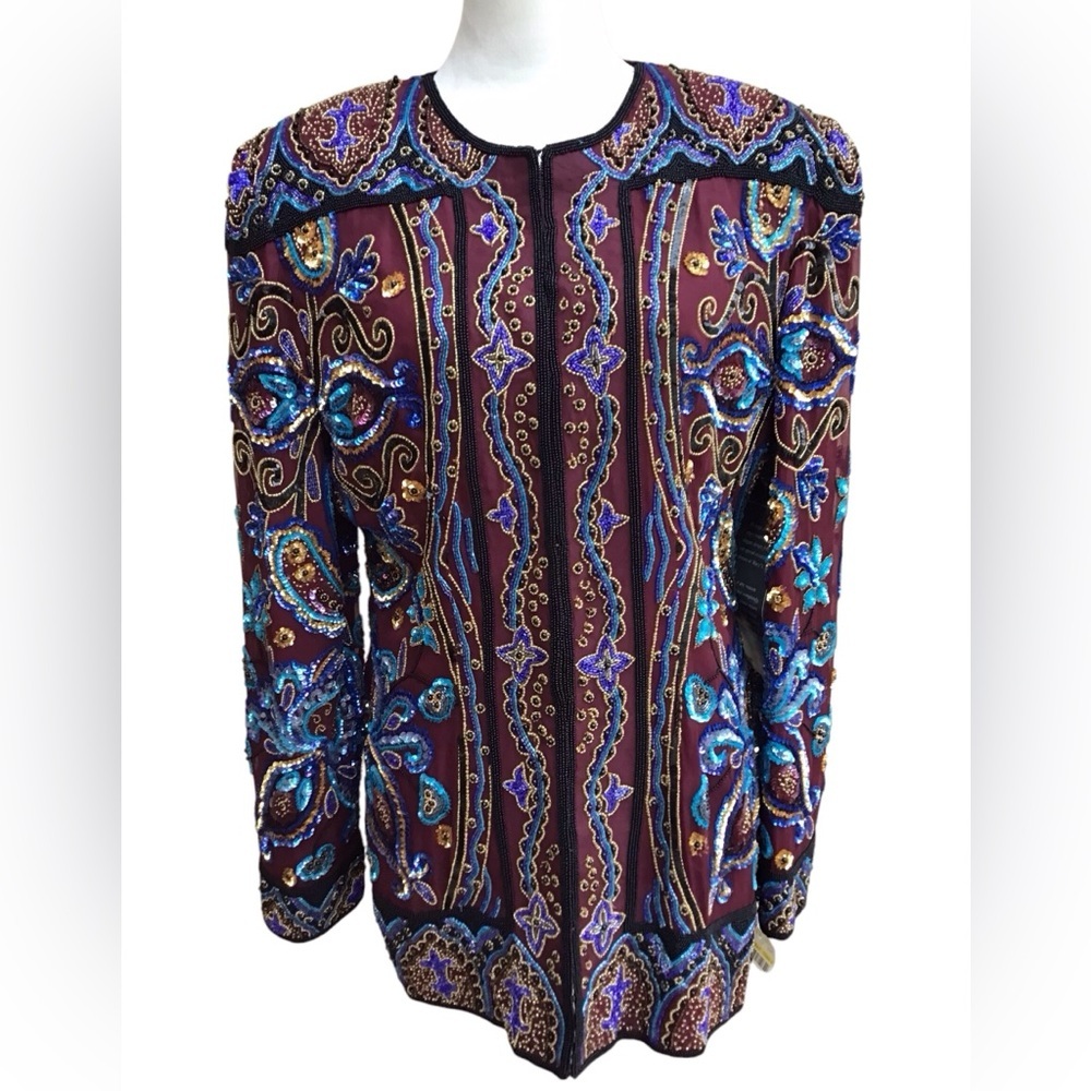 Nightline By Della Roufogali Vintage Beaded Burgundy Silk Jacket NWT